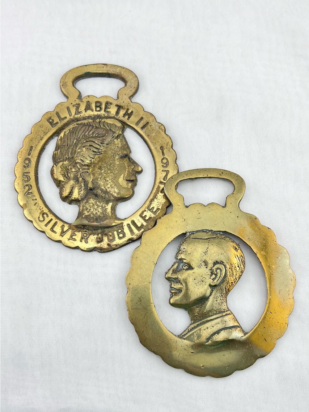 Brass Horse Medallion Vintage Set of 2 Royal Queen Elizabeth II Prince Philip